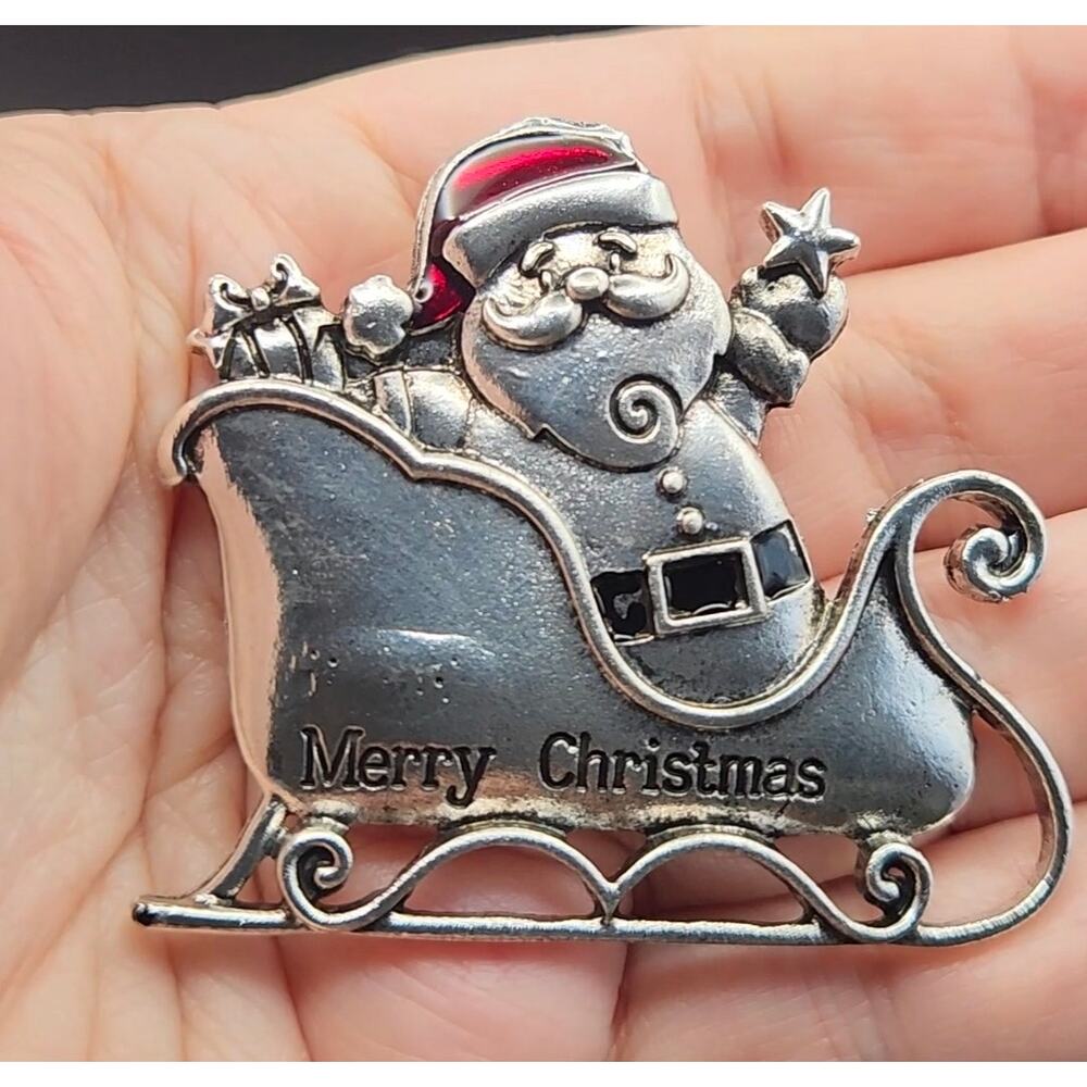 Santa in Sleigh Christmas Brooch Retro Look Silver Tone Metal and Enamel